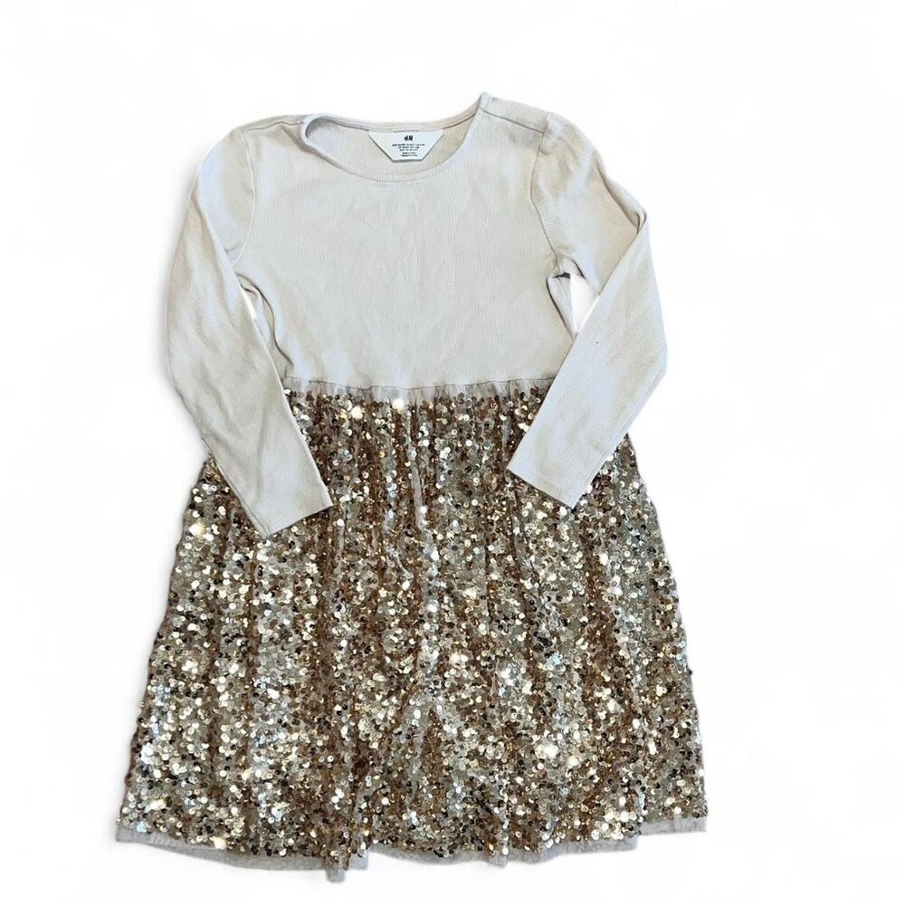 Youth Girls Beige Sequin Holiday Long Sleeve Dress